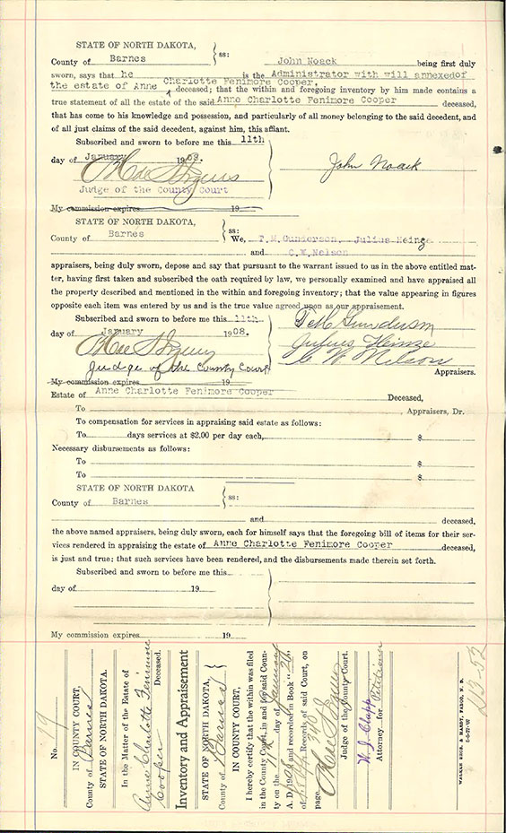 Page from the Ann Fenimore Cooper probate case file