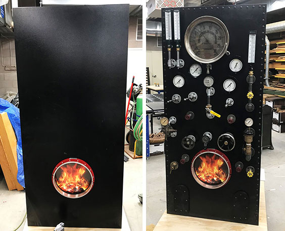 photo collage: left side, black box with fake fire graphic on bottom; righ side: view of the front with dials, guages, etc.