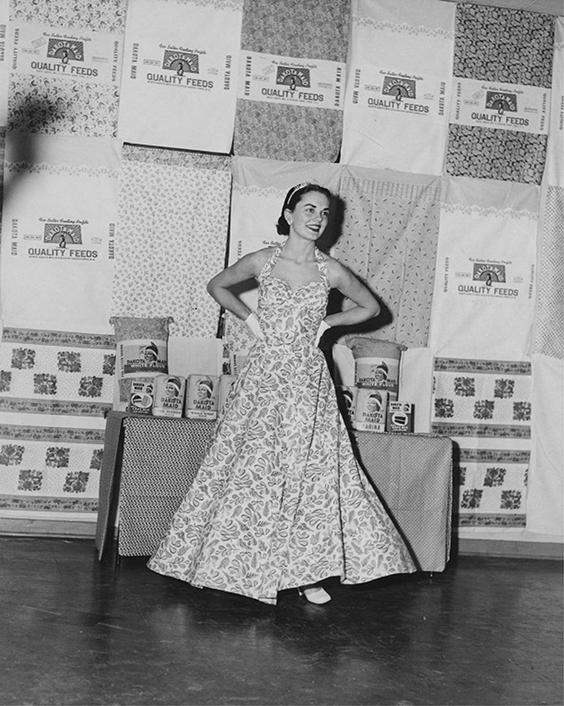 Women in an evening dress made from feed sacks