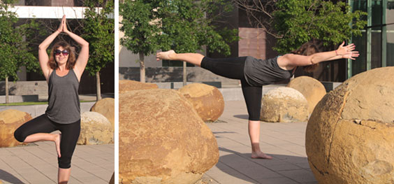 Sarah Walker at state museum demonstrating yoga poses