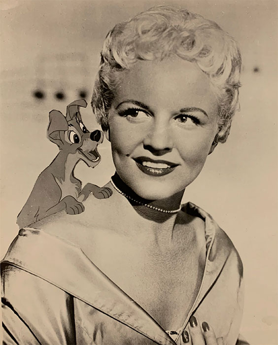 sepia photo of Peggy Lee with Disney's Tramp on her shoulder