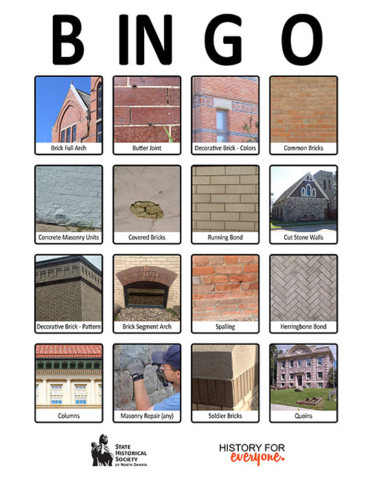 Bingo card with different styles of bricks