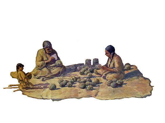 illustration of two native american woman preparing squash