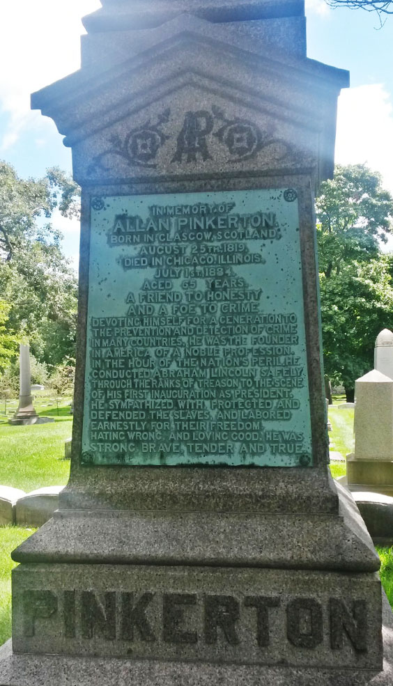 large ornate gravestone with "Pinkerton" and a quote