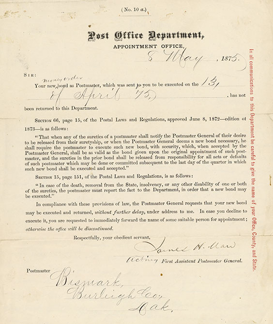 Letter from the Post Office Department, Appointment Office, to Linda Slaughter on May 8, 1875.