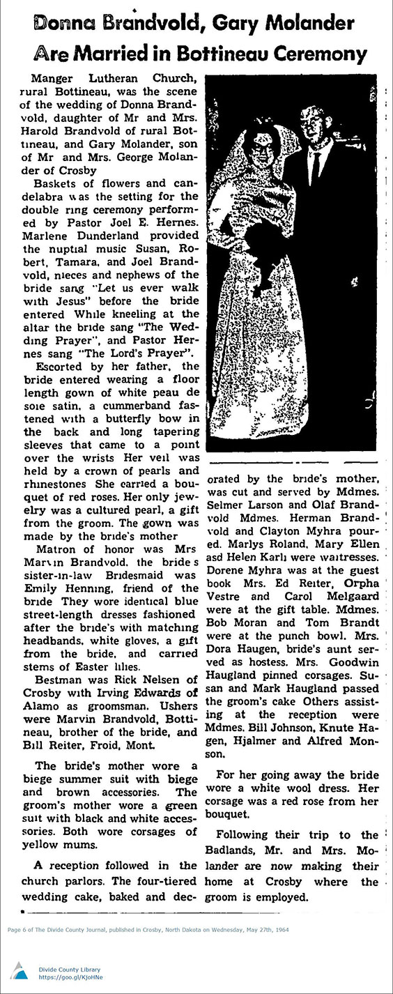 Newspaper article announcing the marriage of Donna Brandvold and Gary Molander