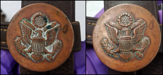 Before and after of brass tarnish being removed from bridle
