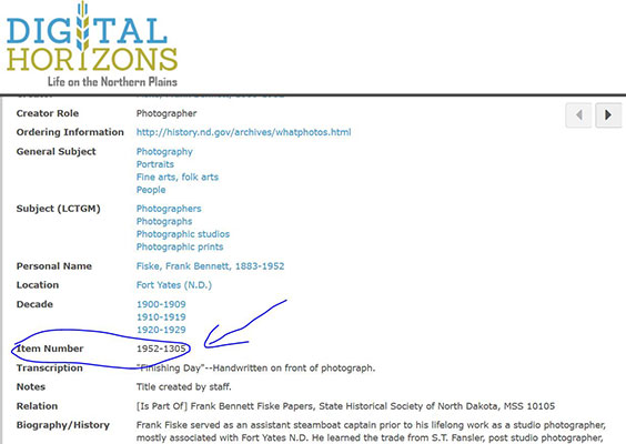 Screenshot of Digital Horizons website with the Item Number circled