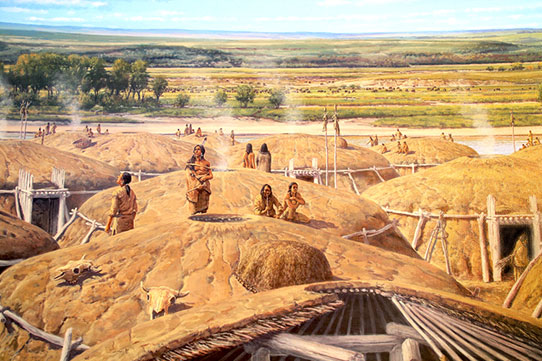 Part of the mural showing people sitting atop earthlodges