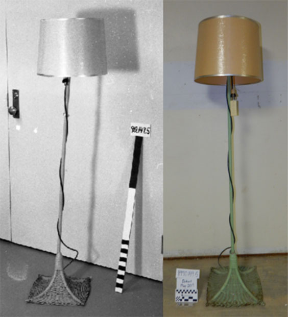 gray lamp with silver lamp shade and light green lamp with tan lamp shade