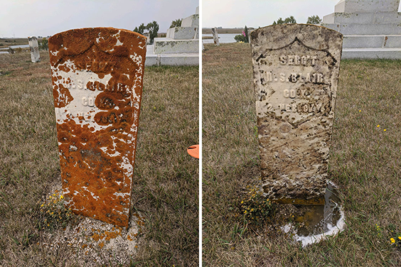 An offwhite headstone is shown two different ways, before and after it was cleaned. The first shot shows the headstone with brownish orange spots all over it. The second shot shows the brownish orange spots removed, but the off white color is darker in those spots.