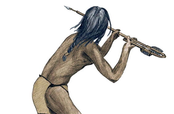 illustration of hunter preparing to throw a dart using an atlatl