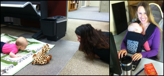 Employee at her computer with daughter and co-worker lying on floor playing with baby