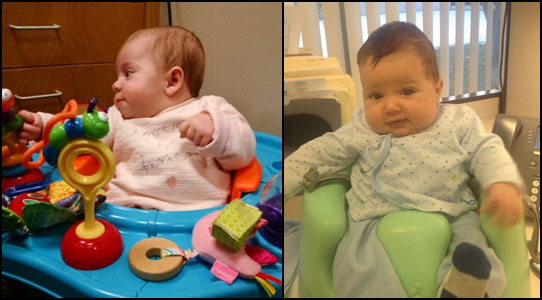 Two employee's babies sitting in play area