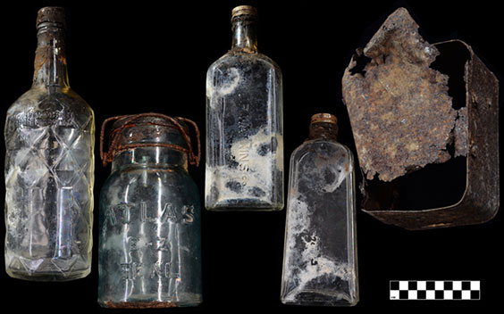 Liquor bottle, Atlas E-Z seal canning jar, J.R. Watkins bottle, unlabeled bottle, metal lunch box