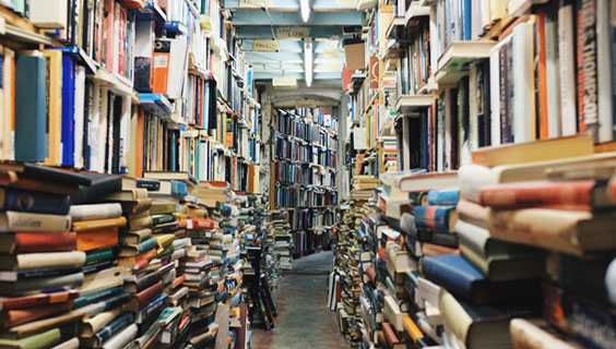 Aisle full of books in a library