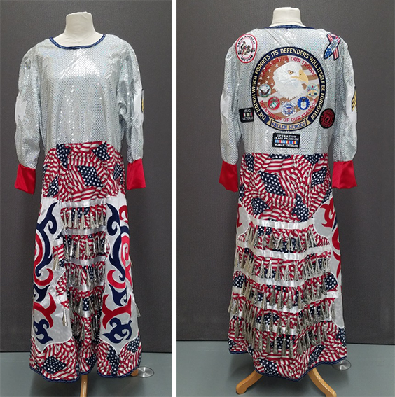 Jingle dress with American flags, American Bald Eagle, and other decorations