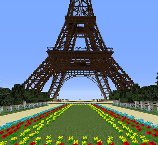 The Eiffel Tower rendered in Minecraft