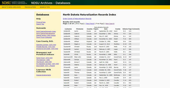 NDSU North Dakota Naturalization Records Index webpage