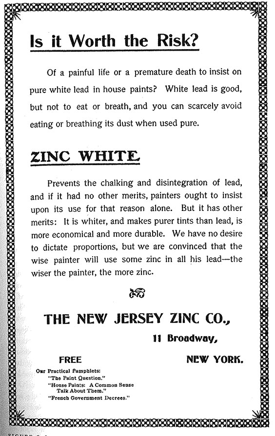New Jersey Zinc Co. ad asking if lead paint is worth the risk and advertising zinc white.