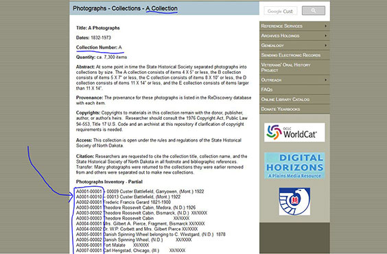 Screenshot of Photo Collections page on history.nd.gov showing the image numbers
