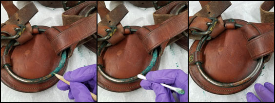 Before and after photos of the green gunk removal from a metal ring on a 