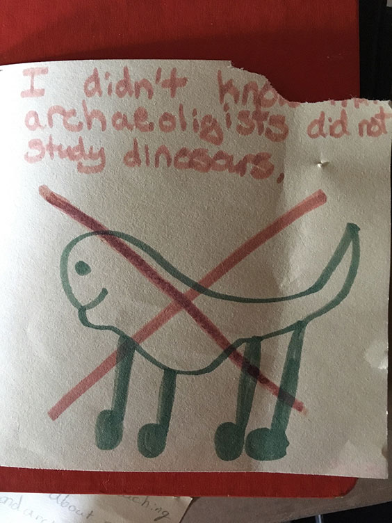 Card with drawing of dinosaur crossed out that reads: I didn't know that archaeologists did not study dinosaurs.